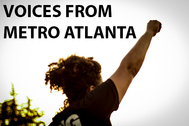 The words "Voices from Metro Atlanta" over a woman with her right arm raised in the arm and her hand making a fist.