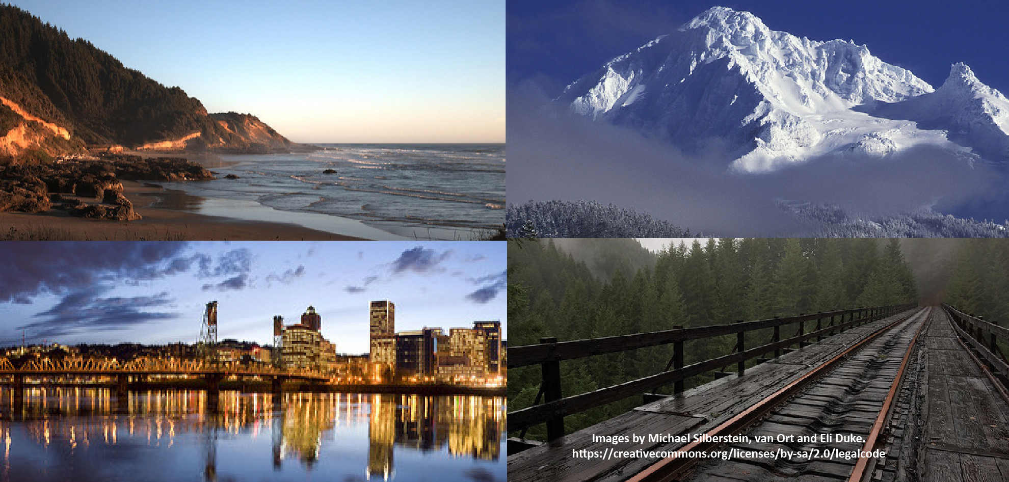 Images from Oregon, including the Ocean, the city of Portland, railroad tracks and Mt. Hood.