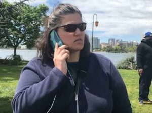 Michelle Dione captured on the viral video of "BBQ Becky" calling the cops on a group of Black people for having a barbecue at Lake Merritt in April 2018.