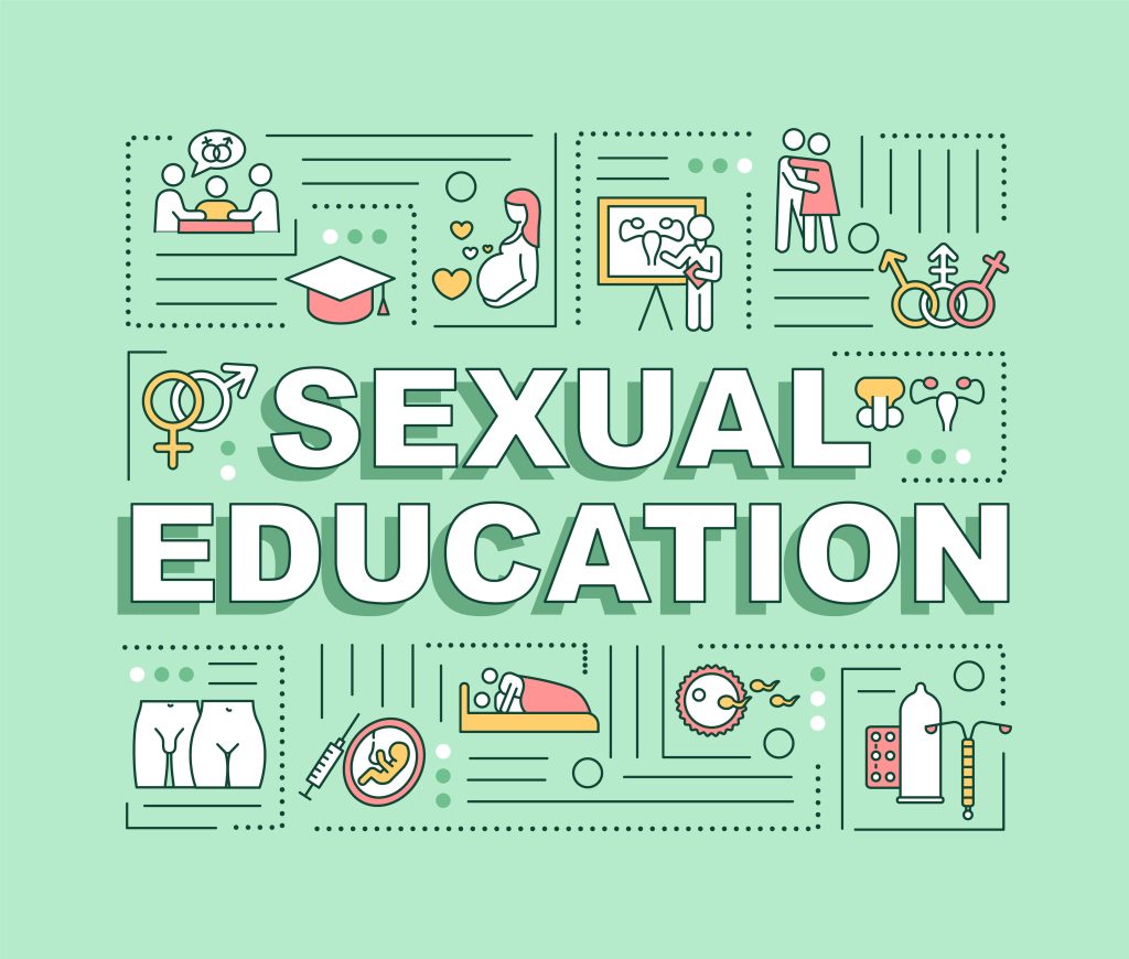 Sexual education word concepts banner. Instruction and guidance on human sexuality. Infographics with linear icons on green background. Isolated typography. Vector outline RGB color illustration