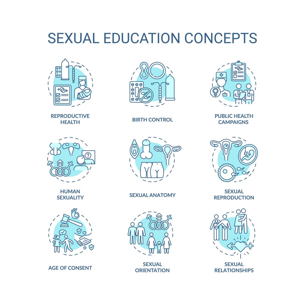 Sexual education concept icons set. Human sexuality and physiology idea thin line RGB color illustrations. Anatomy and reproductive health teaching. Vector isolated outline drawings. Editable stroke