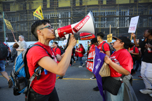Levi Strauss Foundation Pioneers in Justice participant Vanessa Moses, executive director Causa Justa :: Just Cause, at May Day rally in 2019.