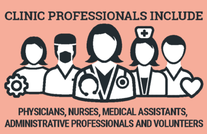 graphic reads: Abortion Clinic professionals include physicians, nurses, medical assistants, administrative professionals, and volunteers.